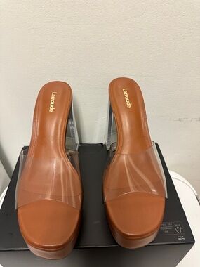 Larroude Brown Platform Slide Sandals with Clear Strap